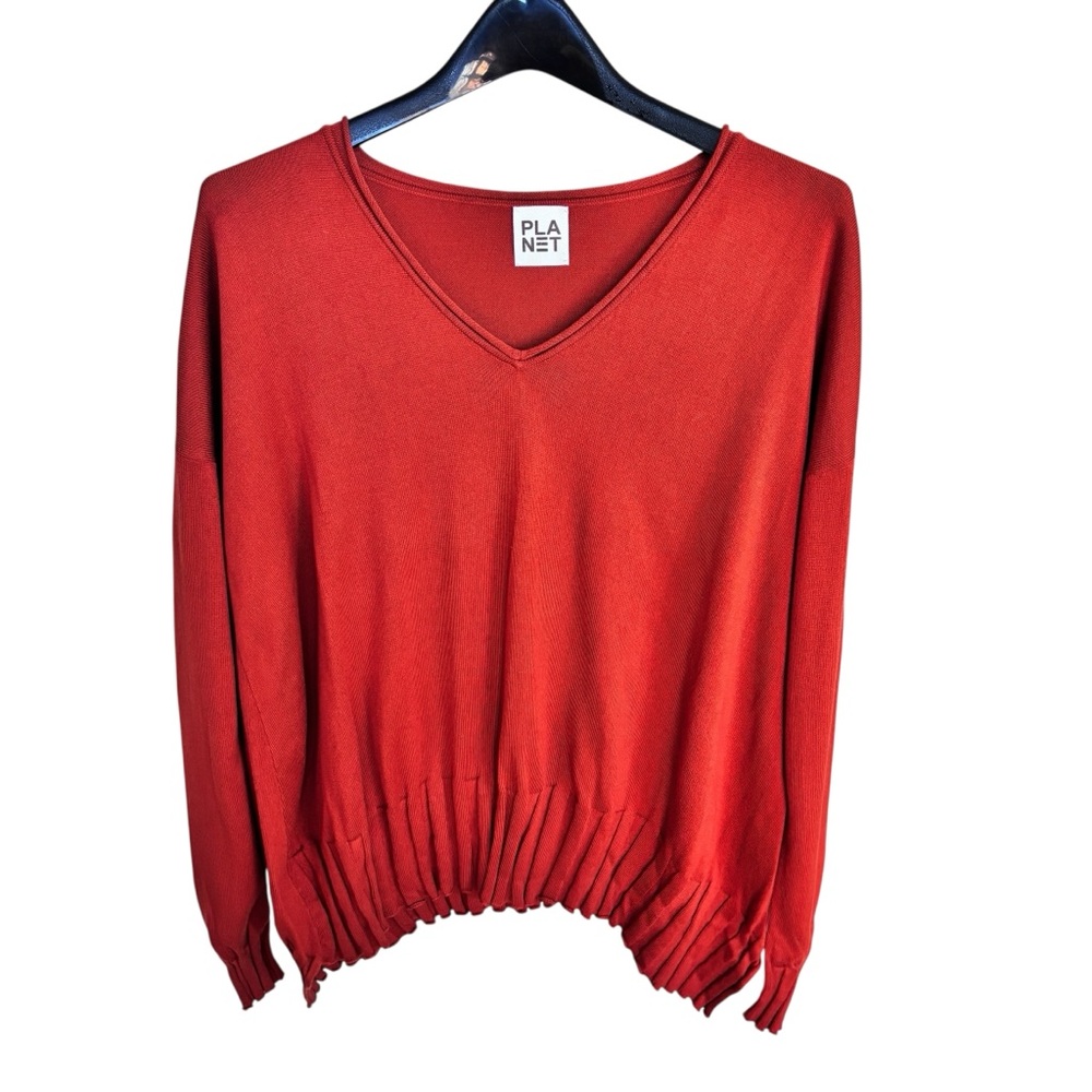 PLANET by Lauren G Womens Vneck Pullover Sweater Cotton Burnt Orange One Size